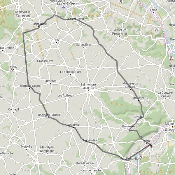 Map miniature of "Sorel-Moussel - Coudres - Guichainville - Foucrainville" cycling inspiration in Centre — Val de Loire, France. Generated by Tarmacs.app cycling route planner