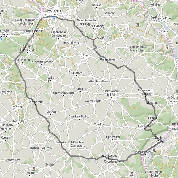 Miniature de la carte de l'inspiration cycliste "Les Châteaux de l'Eure" dans la Centre — Val de Loire, France. Générée par le planificateur d'itinéraire cycliste Tarmacs.app