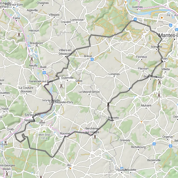 Map miniature of "Sorel-Moussel - Villiers-en-Désœuvre - Magnanville - Dammartin-en-Serve - Berchères-sur-Vesgre" cycling inspiration in Centre — Val de Loire, France. Generated by Tarmacs.app cycling route planner