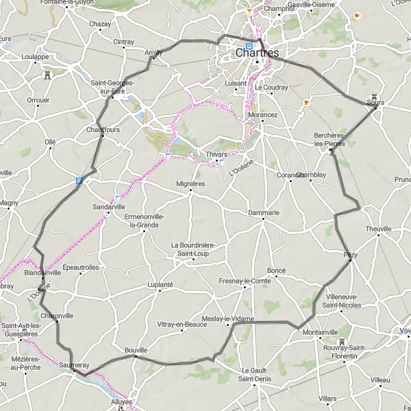 Map miniature of "The Pézy Loop" cycling inspiration in Centre — Val de Loire, France. Generated by Tarmacs.app cycling route planner