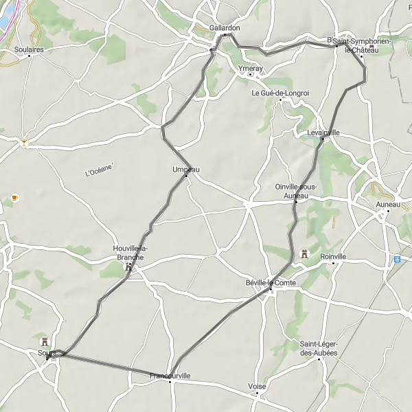 Map miniature of "Sours to Umpeau and Oinville-sous-Auneau Loop" cycling inspiration in Centre — Val de Loire, France. Generated by Tarmacs.app cycling route planner