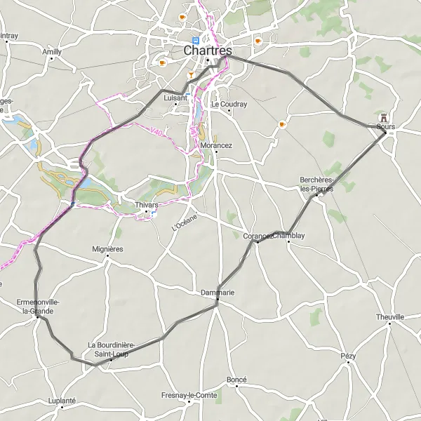 Map miniature of "Sours to Dammarie and Fontenay-sur-Eure Loop" cycling inspiration in Centre — Val de Loire, France. Generated by Tarmacs.app cycling route planner