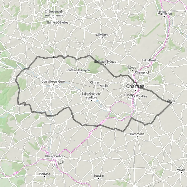 Miniature de la carte de l'inspiration cycliste "Tour autour de Sours via Corancez et Mittainvilliers" dans la Centre — Val de Loire, France. Générée par le planificateur d'itinéraire cycliste Tarmacs.app
