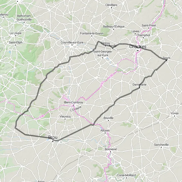 Map miniature of "Chartres Loop via Dammarie and Sours" cycling inspiration in Centre — Val de Loire, France. Generated by Tarmacs.app cycling route planner