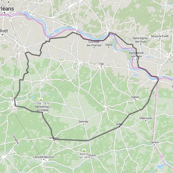 Map miniature of "Châteaux and Villages of the Loire Valley" cycling inspiration in Centre — Val de Loire, France. Generated by Tarmacs.app cycling route planner