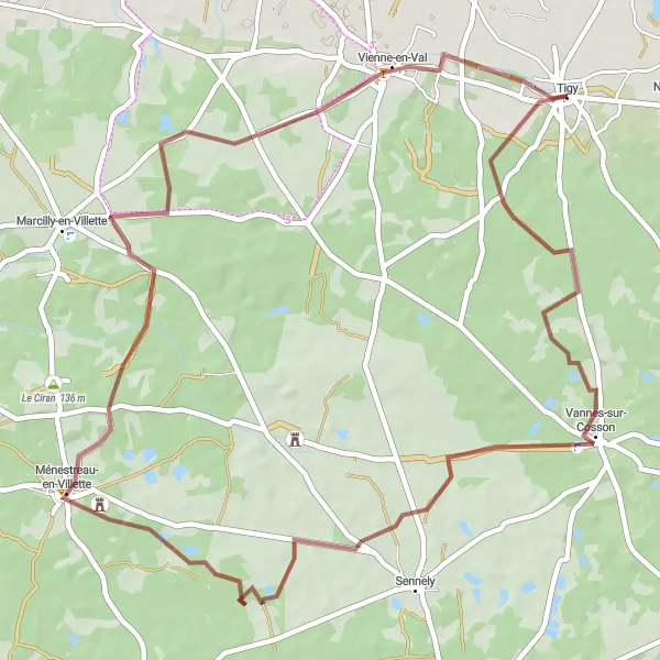 Map miniature of "Gravel Tour to Vannes-sur-Cosson" cycling inspiration in Centre — Val de Loire, France. Generated by Tarmacs.app cycling route planner