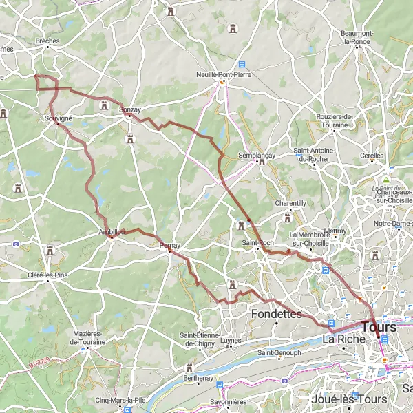 Miniature de la carte de l'inspiration cycliste "Boucle d'Ambillou" dans la Centre — Val de Loire, France. Générée par le planificateur d'itinéraire cycliste Tarmacs.app
