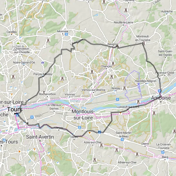 Map miniature of "Château Road Ride" cycling inspiration in Centre — Val de Loire, France. Generated by Tarmacs.app cycling route planner