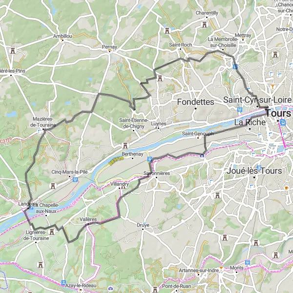 Map miniature of "Scenic Routes of Indre-et-Loire" cycling inspiration in Centre — Val de Loire, France. Generated by Tarmacs.app cycling route planner