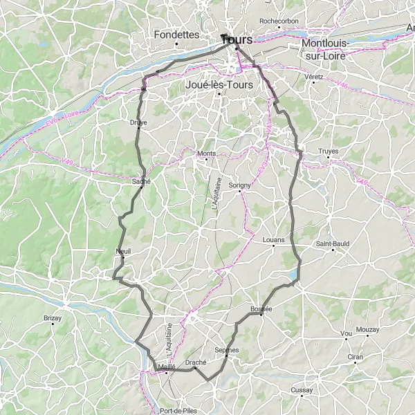 Map miniature of "Challenging Tour of the Loire Valley" cycling inspiration in Centre — Val de Loire, France. Generated by Tarmacs.app cycling route planner