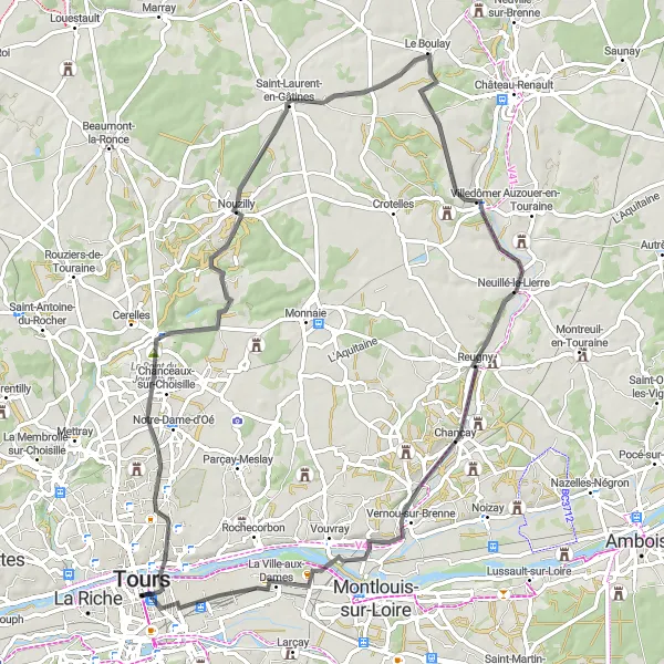 Miniature de la carte de l'inspiration cycliste "Boucle des Châteaux Tourangeaux" dans la Centre — Val de Loire, France. Générée par le planificateur d'itinéraire cycliste Tarmacs.app