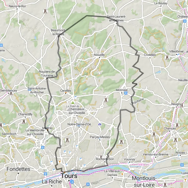 Miniature de la carte de l'inspiration cycliste "Boucle autour de Tours" dans la Centre — Val de Loire, France. Générée par le planificateur d'itinéraire cycliste Tarmacs.app
