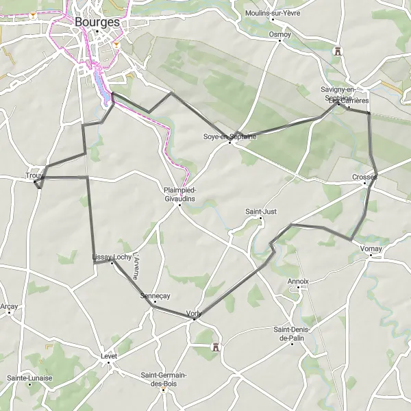 Map miniature of "Soye-en-Septaine and Vorly Loop" cycling inspiration in Centre — Val de Loire, France. Generated by Tarmacs.app cycling route planner