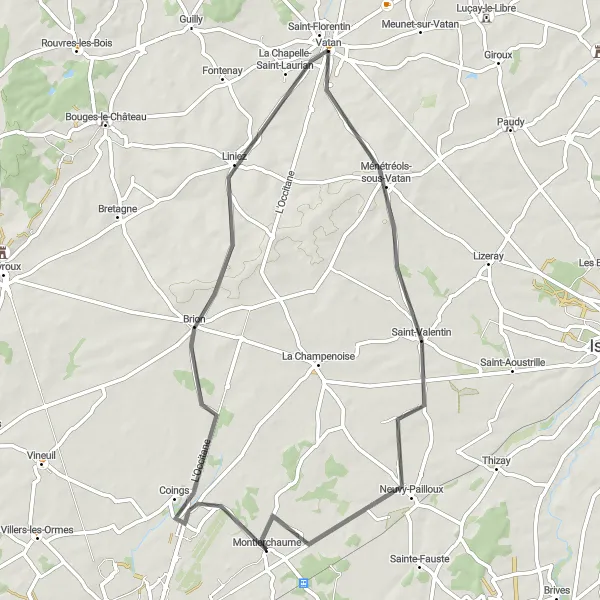 Map miniature of "Ménétréols-sous-Vatan to Saint-Florentin" cycling inspiration in Centre — Val de Loire, France. Generated by Tarmacs.app cycling route planner