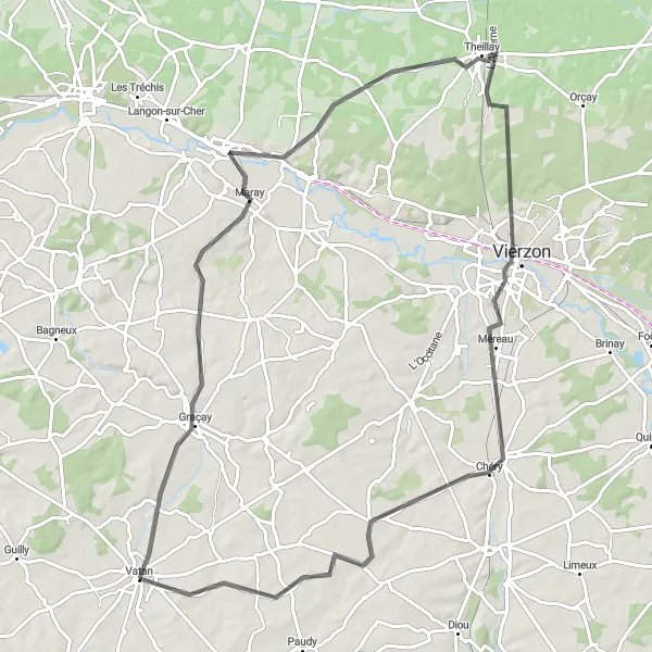 Miniature de la carte de l'inspiration cycliste "Randonnée à vélo de la vallée de l'Arnon" dans la Centre — Val de Loire, France. Générée par le planificateur d'itinéraire cycliste Tarmacs.app