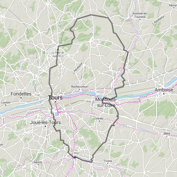 Miniature de la carte de l'inspiration cycliste "Boucle à vélo autour de Veigné" dans la Centre — Val de Loire, France. Générée par le planificateur d'itinéraire cycliste Tarmacs.app