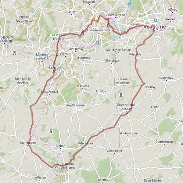 Map miniature of "Scenic Gravel Route: 70km Adventure from Vendôme" cycling inspiration in Centre — Val de Loire, France. Generated by Tarmacs.app cycling route planner