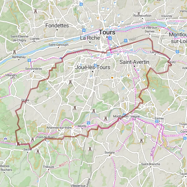 Map miniature of "Discover the Gravel Paths of Touraine" cycling inspiration in Centre — Val de Loire, France. Generated by Tarmacs.app cycling route planner