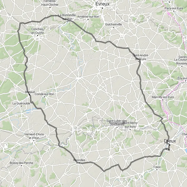 Map miniature of "Vernouillet to Garancières-en-Drouais Loop" cycling inspiration in Centre — Val de Loire, France. Generated by Tarmacs.app cycling route planner