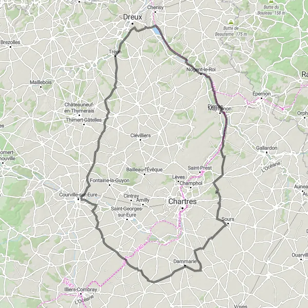 Miniature de la carte de l'inspiration cycliste "Tour de la Vallée de l'Eure" dans la Centre — Val de Loire, France. Générée par le planificateur d'itinéraire cycliste Tarmacs.app