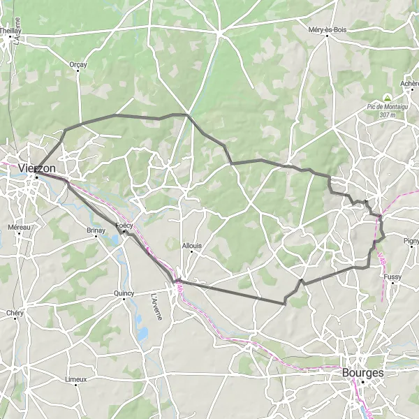 Map miniature of "Road to Mehun-sur-Yèvre" cycling inspiration in Centre — Val de Loire, France. Generated by Tarmacs.app cycling route planner