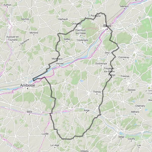 Map miniature of "Majestic Châteaux and Scenic Routes" cycling inspiration in Centre — Val de Loire, France. Generated by Tarmacs.app cycling route planner