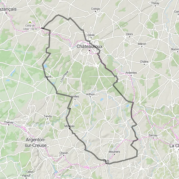 Map miniature of "Challenging Road Ride Around Villedieu" cycling inspiration in Centre — Val de Loire, France. Generated by Tarmacs.app cycling route planner