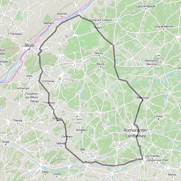 Miniature de la carte de l'inspiration cycliste "Le tour des Châteaux de la Loire" dans la Centre — Val de Loire, France. Générée par le planificateur d'itinéraire cycliste Tarmacs.app