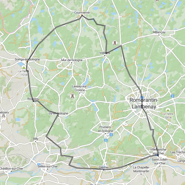Miniature de la carte de l'inspiration cycliste "Boucle à travers Gy-en-Sologne" dans la Centre — Val de Loire, France. Générée par le planificateur d'itinéraire cycliste Tarmacs.app
