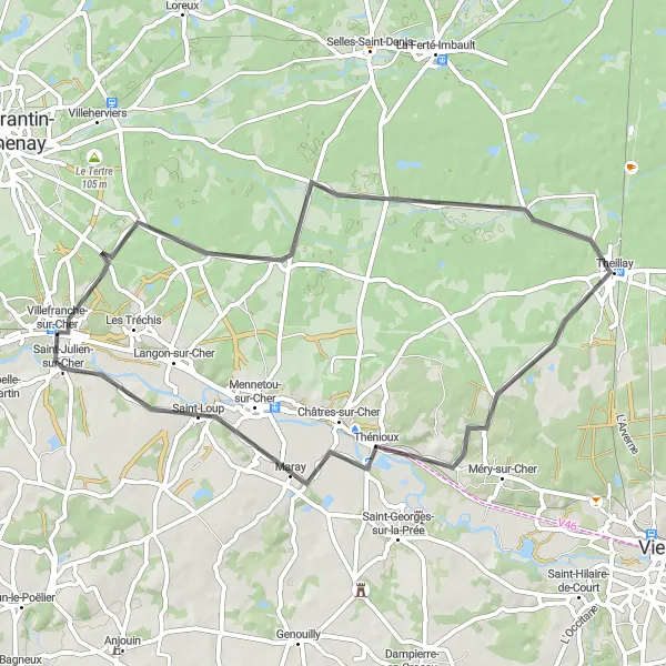 Miniature de la carte de l'inspiration cycliste "Boucle de la Vallée du Cher" dans la Centre — Val de Loire, France. Générée par le planificateur d'itinéraire cycliste Tarmacs.app