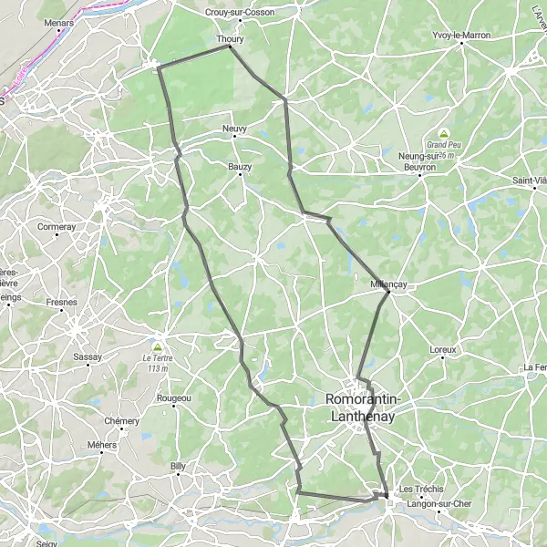 Miniature de la carte de l'inspiration cycliste "Boucle autour de Villefranche-sur-Cher" dans la Centre — Val de Loire, France. Générée par le planificateur d'itinéraire cycliste Tarmacs.app