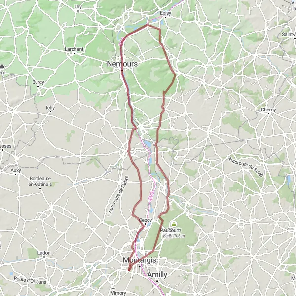 Map miniature of "Gravel Route from Villemandeur to Dordives" cycling inspiration in Centre — Val de Loire, France. Generated by Tarmacs.app cycling route planner