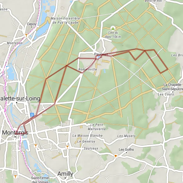 Map miniature of "Gravel Route from Villemandeur to Montargis" cycling inspiration in Centre — Val de Loire, France. Generated by Tarmacs.app cycling route planner