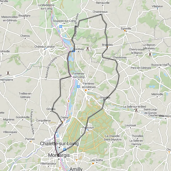 Map miniature of "Bransles Historic Road" cycling inspiration in Centre — Val de Loire, France. Generated by Tarmacs.app cycling route planner