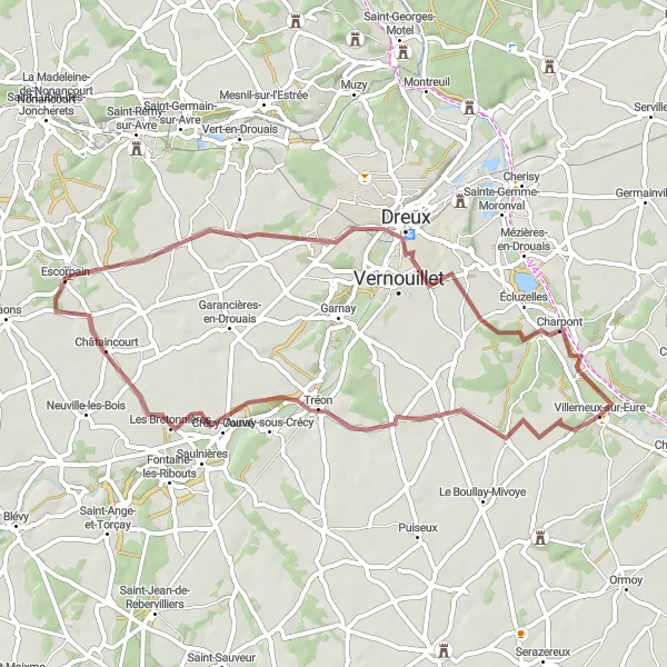Miniature de la carte de l'inspiration cycliste "Les Chemins Gravel de la Vallée de l'Eure" dans la Centre — Val de Loire, France. Générée par le planificateur d'itinéraire cycliste Tarmacs.app