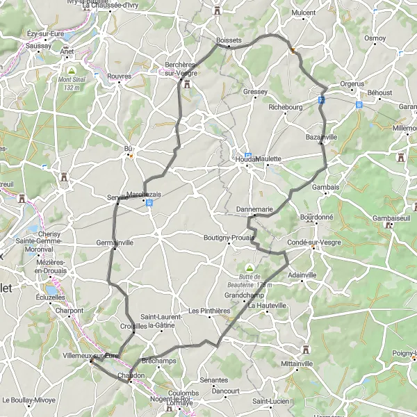 Miniature de la carte de l'inspiration cycliste "Le Tour des Châteaux de la Vallée de l'Eure" dans la Centre — Val de Loire, France. Générée par le planificateur d'itinéraire cycliste Tarmacs.app