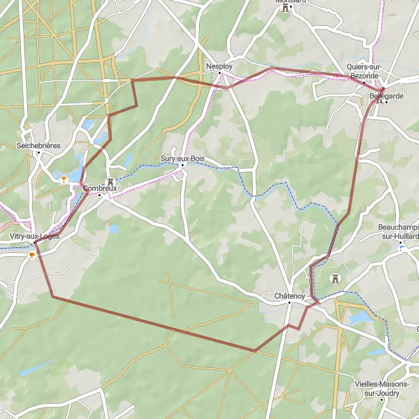 Map miniature of "Gravel Route around Vitry-aux-Loges" cycling inspiration in Centre — Val de Loire, France. Generated by Tarmacs.app cycling route planner