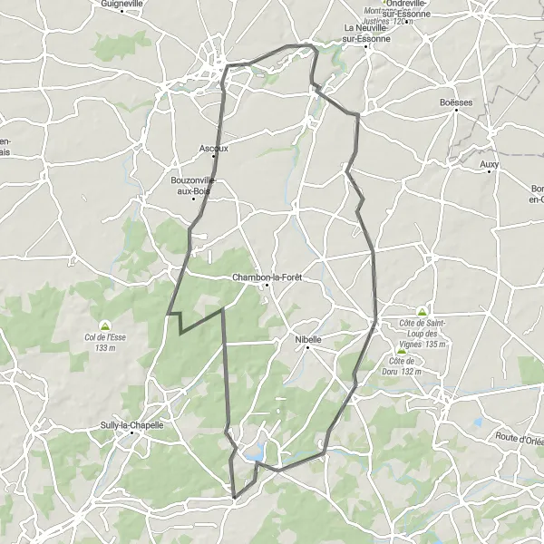 Map miniature of "Road Route through Seichebrières and Givraines" cycling inspiration in Centre — Val de Loire, France. Generated by Tarmacs.app cycling route planner