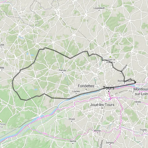 Map miniature of "Vouvray Loop" cycling inspiration in Centre — Val de Loire, France. Generated by Tarmacs.app cycling route planner