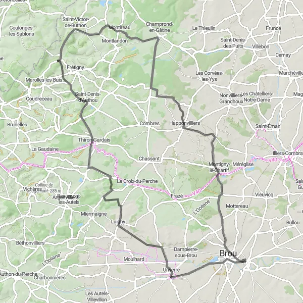 Miniature de la carte de l'inspiration cycliste "Exploration de Luigny et Happonvilliers à vélo" dans la Centre — Val de Loire, France. Générée par le planificateur d'itinéraire cycliste Tarmacs.app