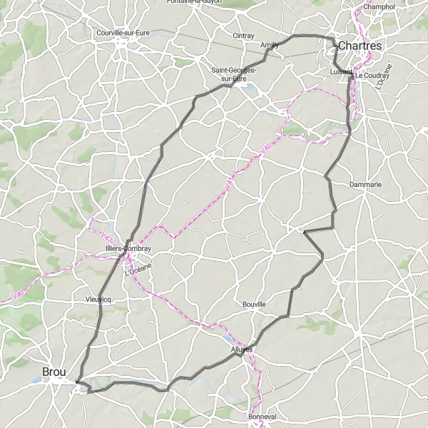 Miniature de la carte de l'inspiration cycliste "Escapade à vélo à travers Lucé et Vitray-en-Beauce" dans la Centre — Val de Loire, France. Générée par le planificateur d'itinéraire cycliste Tarmacs.app