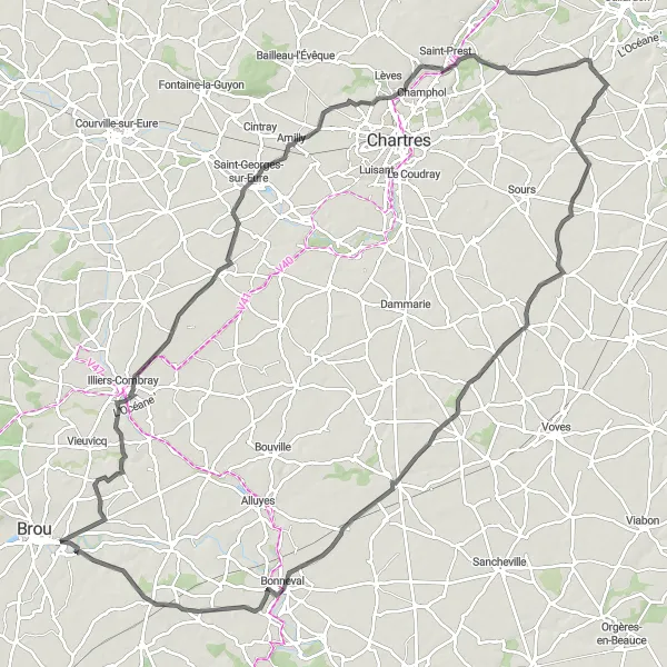 Miniature de la carte de l'inspiration cycliste "Parcours à vélo à travers Illiers-Combray et Pézy" dans la Centre — Val de Loire, France. Générée par le planificateur d'itinéraire cycliste Tarmacs.app
