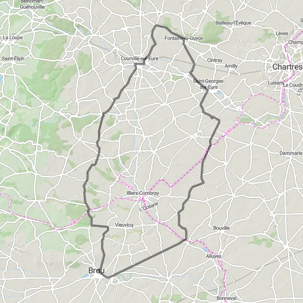 Miniature de la carte de l'inspiration cycliste "Les Chemins de Beauce" dans la Centre — Val de Loire, France. Générée par le planificateur d'itinéraire cycliste Tarmacs.app