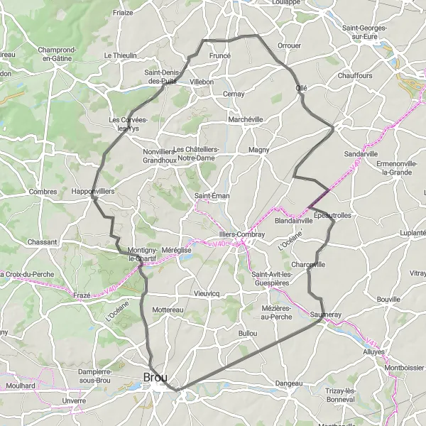 Miniature de la carte de l'inspiration cycliste "Les Collines du Perche" dans la Centre — Val de Loire, France. Générée par le planificateur d'itinéraire cycliste Tarmacs.app