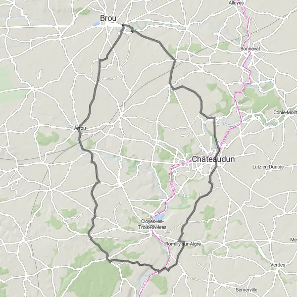 Miniature de la carte de l'inspiration cycliste "Les Châteaux de l'Eure-et-Loir" dans la Centre — Val de Loire, France. Générée par le planificateur d'itinéraire cycliste Tarmacs.app
