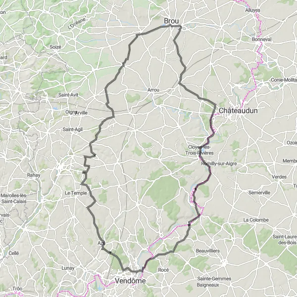Miniature de la carte de l'inspiration cycliste "La Route des Châteaux du Loir-et-Cher" dans la Centre — Val de Loire, France. Générée par le planificateur d'itinéraire cycliste Tarmacs.app