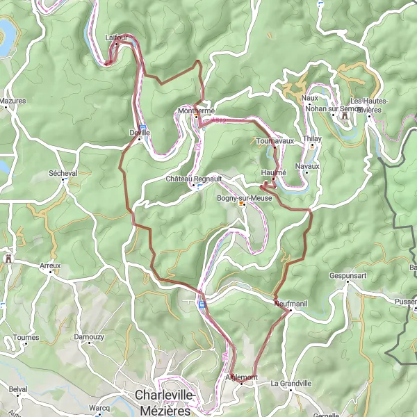 Miniature de la carte de l'inspiration cycliste "Boucle en Gravel à Aiglemont" dans la Champagne-Ardenne, France. Générée par le planificateur d'itinéraire cycliste Tarmacs.app