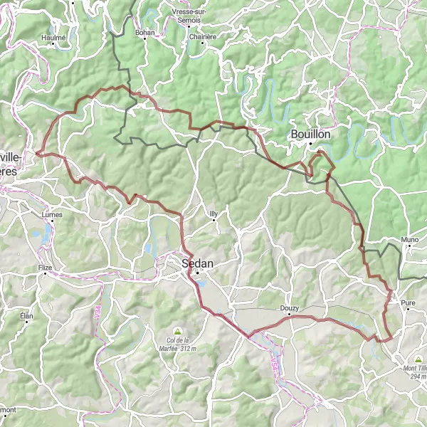 Miniature de la carte de l'inspiration cycliste "Les paysages sauvages des Ardennes" dans la Champagne-Ardenne, France. Générée par le planificateur d'itinéraire cycliste Tarmacs.app