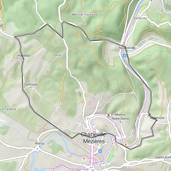 Miniature de la carte de l'inspiration cycliste "Boucle autour d'Aiglemont" dans la Champagne-Ardenne, France. Générée par le planificateur d'itinéraire cycliste Tarmacs.app