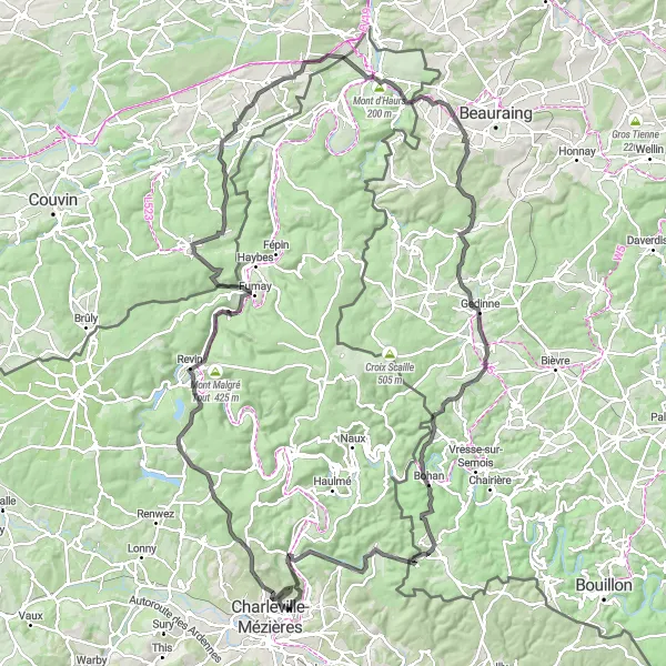 Miniature de la carte de l'inspiration cycliste "Tour de la Vallée de la Meuse" dans la Champagne-Ardenne, France. Générée par le planificateur d'itinéraire cycliste Tarmacs.app